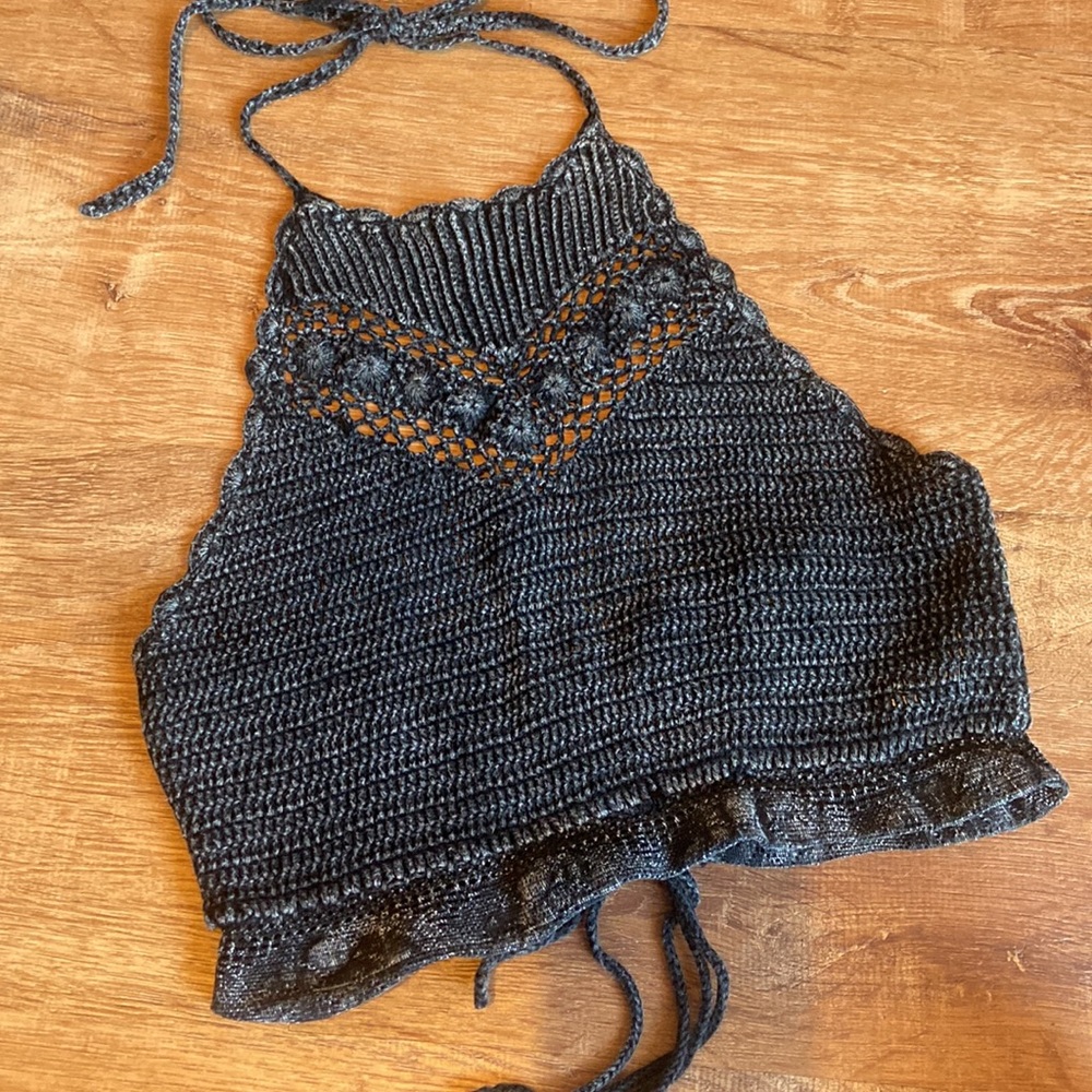 Forever 21 Faded Black Crochet Halter Crop Top Corset Back Small